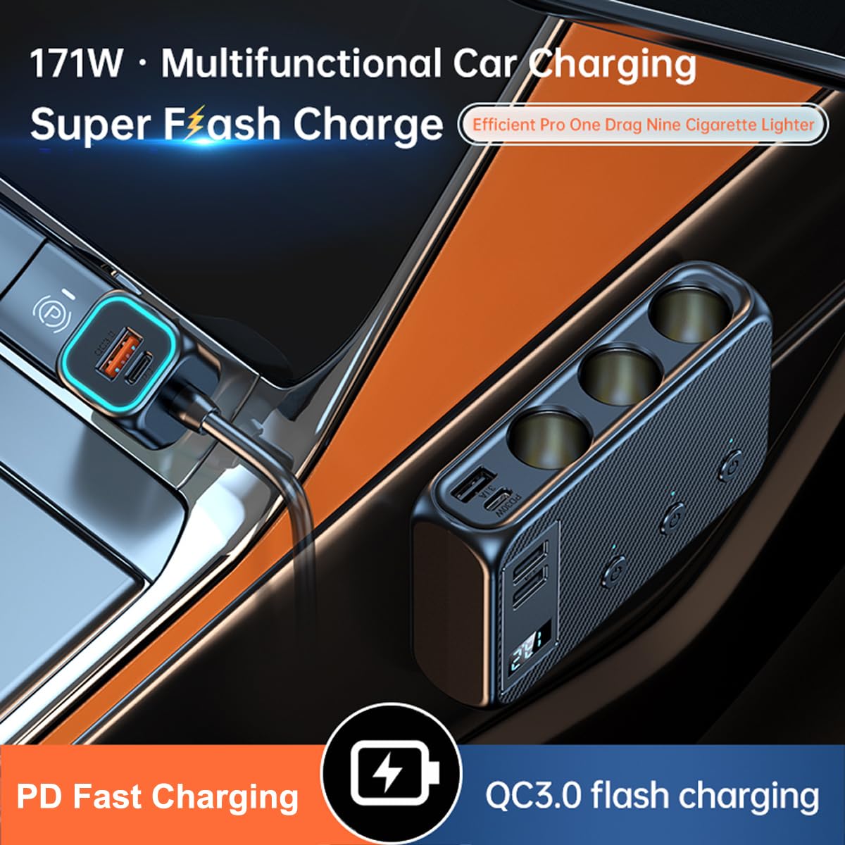 STHIRA Car Cigarette Lighter Extender 170W Car USB Charger with 3 Car Cigarette Lighter Ports Multi USB Ports Support PD 30W Fast Charging LCD Smart Current Display Car Cigarette Lighter USB Charger