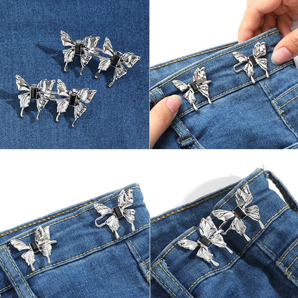 ZIBUYU 2 Sets Jeans Tightening Clips, Buttons for Jeans, Alloy Butterfly Jeans Adjustable Button Pins Jean Buttons for Loose Jeans Pants Dress, No Sewing Required Detachable Jean Pin