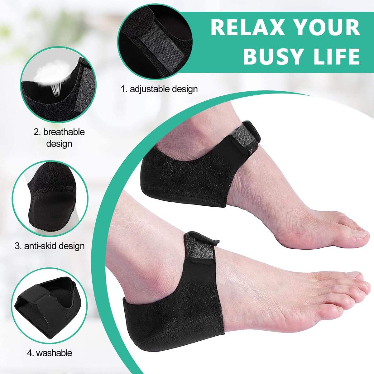 HANNEA 1 Pair Heel Protectors, Plantar Fasciitis Heel Cups with Silicone Gel Toe Cap, Heel Cushions Protectors Adjustable Breathable Heel Pads for Women Men Heel Cracked Pain Relief