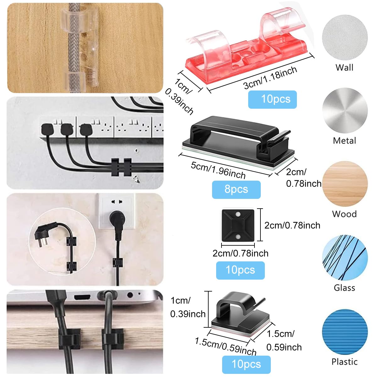 HASTHIP 147pcs Cable Organizer Kit Cable Management Kit with 34 Self Adhesive Cable Clips, 2 Cable Sleeves, 10+1 Roll Cable Straps and 100 Fastening Cable Ties for TV Office Home Electronics