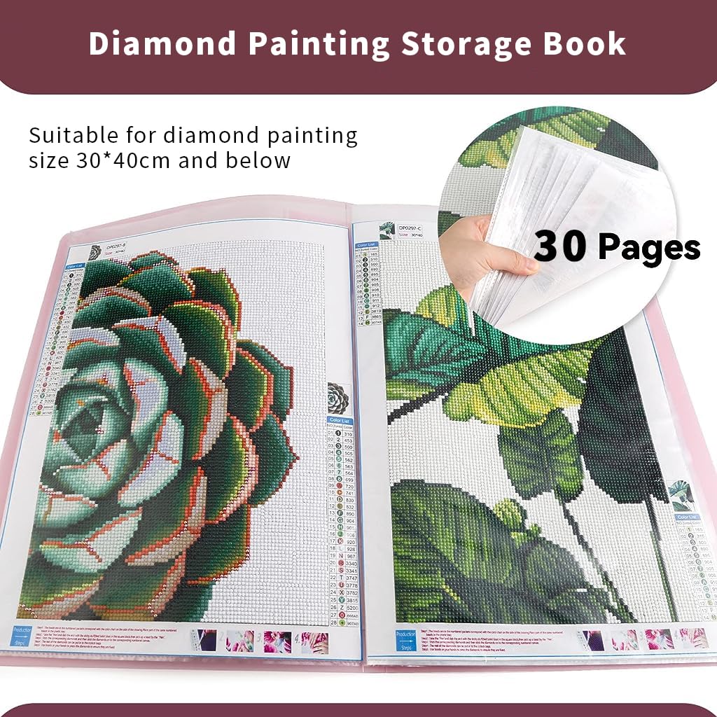 HASTHIP A3 30 Pages Diamond Painting Storage Book for Diamond Painting Kits, Clear Folder Storage Bag, Art Portfolio Painting Storage Book for Diamond Painting Kit, 16.9X12.6inches (Pink)