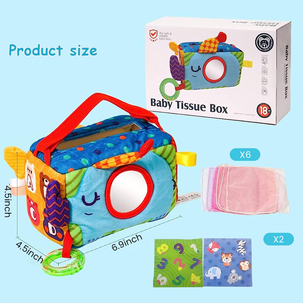 PATPAT Baby Tissue Box Toy, Montessori Toy Sensory Toy Box Soft Stuffed Square Tissue Box Sensory Toy with Funny Mirror, Teether, Cradle Toy Soft Toys for Toddler Gift for Toddlers