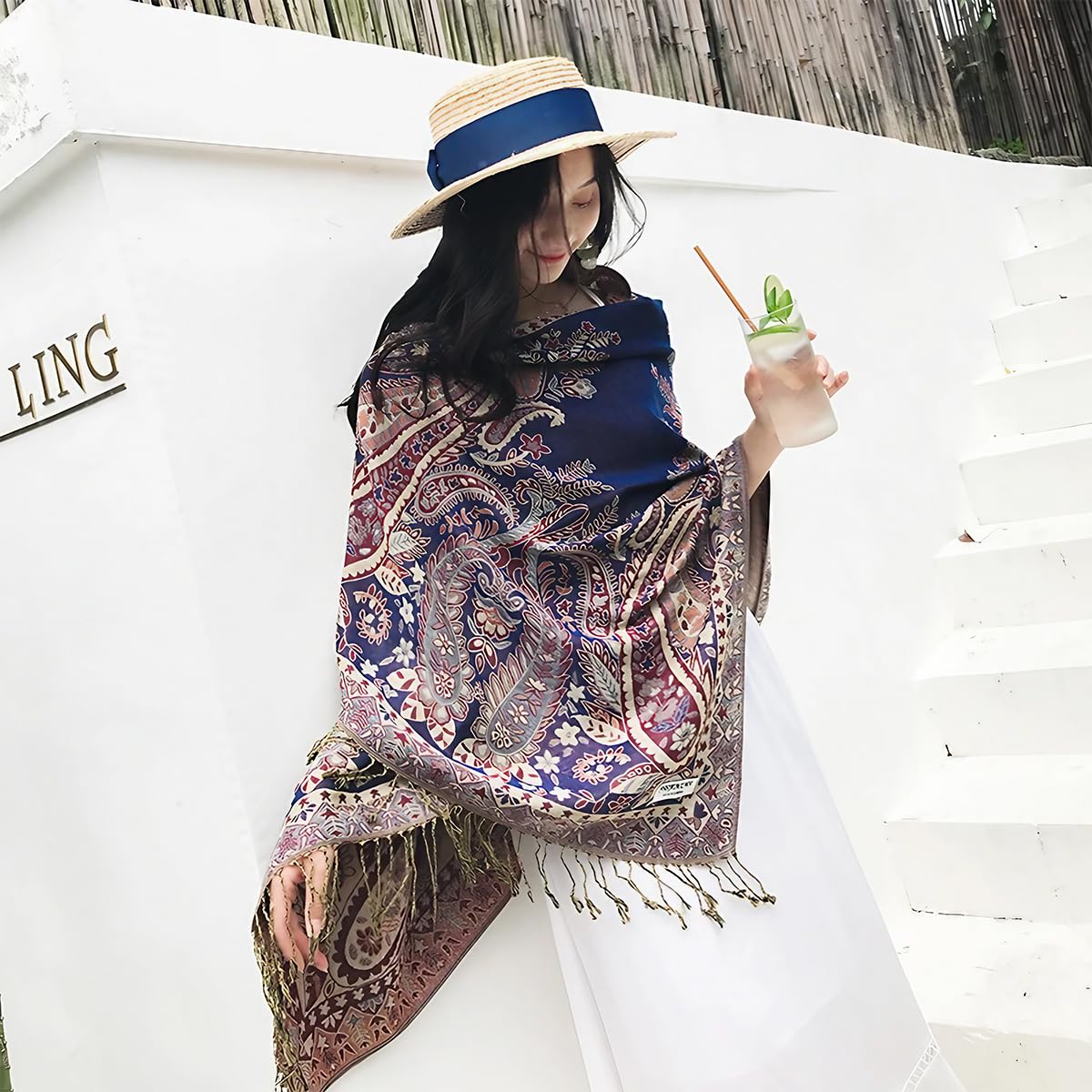 PALAY Women Shawl Long Scarf Shawl Fashion Color Jacquard Tassels Wraps Shawls Dacron Long Scarf Shawl Women Beach Wraps Beach Cover Ups, 70x200cm