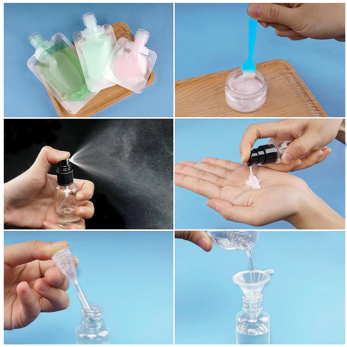 MAYCREATE Travel Pouch for Toiletries Set of 17Pcs, Refillable Travel Bottles 30/50/100ml Stand Up Pouches with Cream Jar, Perfume Bottles & Tools Travel Accessories Kit