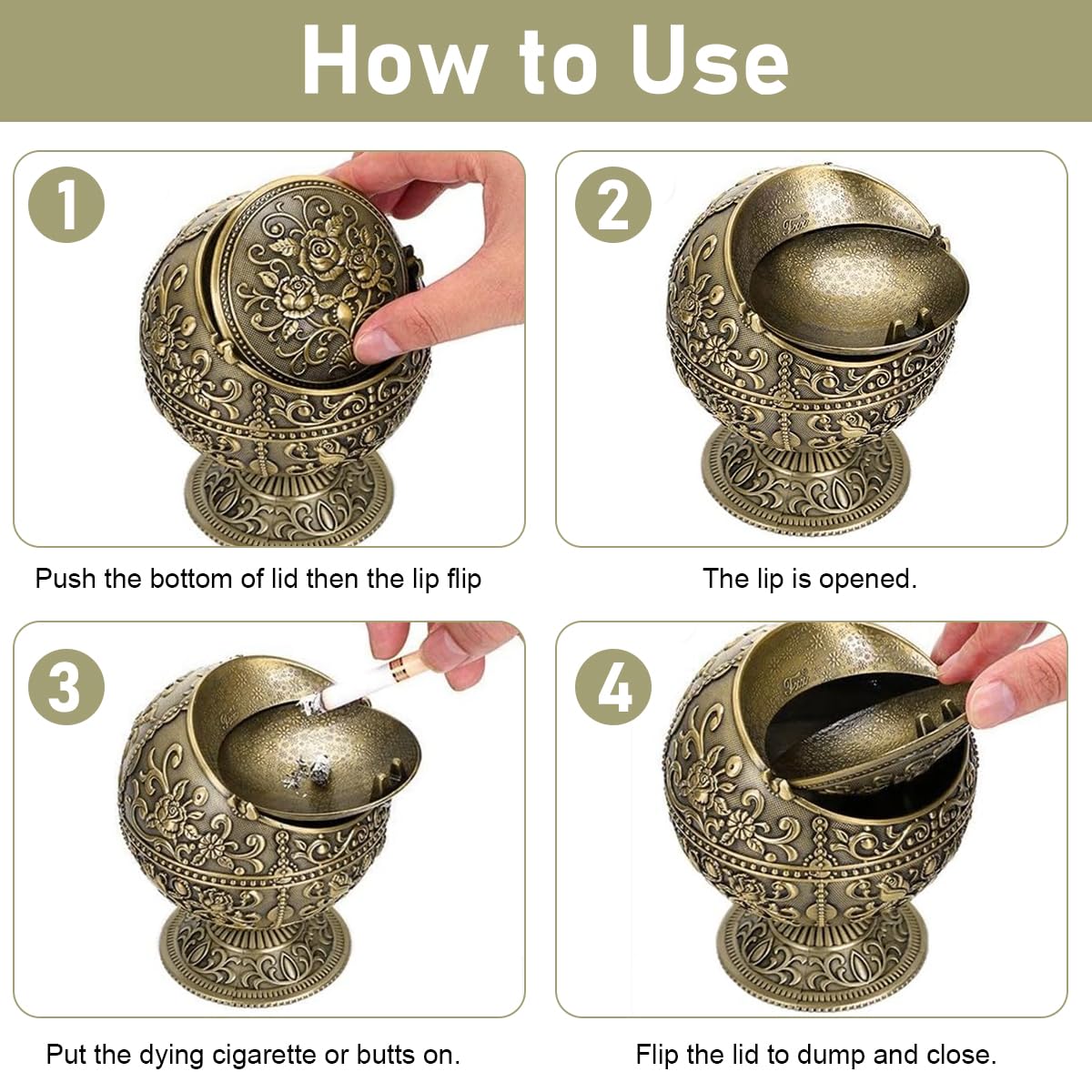 HASTHIP Vintage Ashtray with Lid Vintage Metal Zinc Alloy Engraved Floral Cigarette Ashtray Smokeless Cigarette Ashtray Ball for Car, Office, Living Room, 9.8x11.5cm