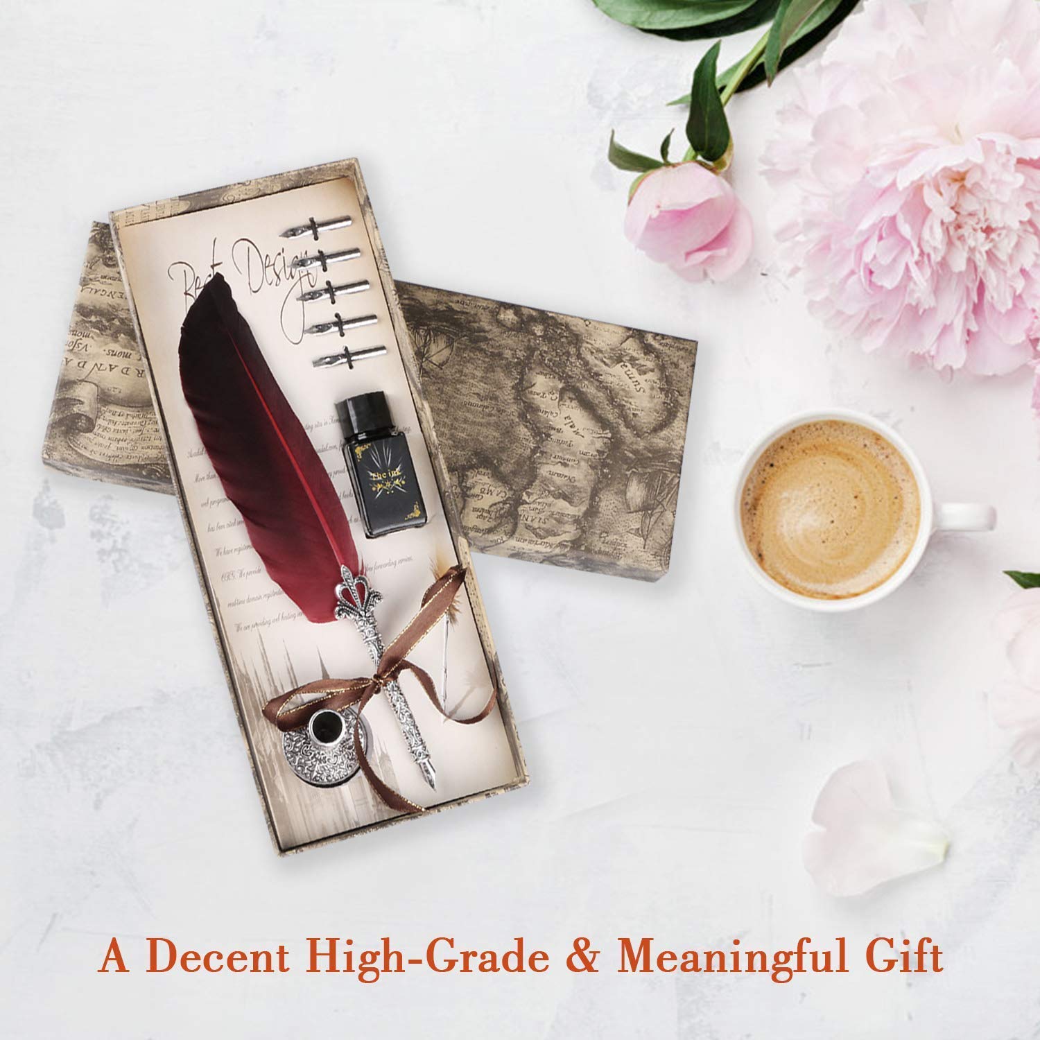 Climberty English Calligraphy Feather Dip Quill Pen Writing Ink Set Stationery Gift Box with 5 Nibs and Ink (Red)