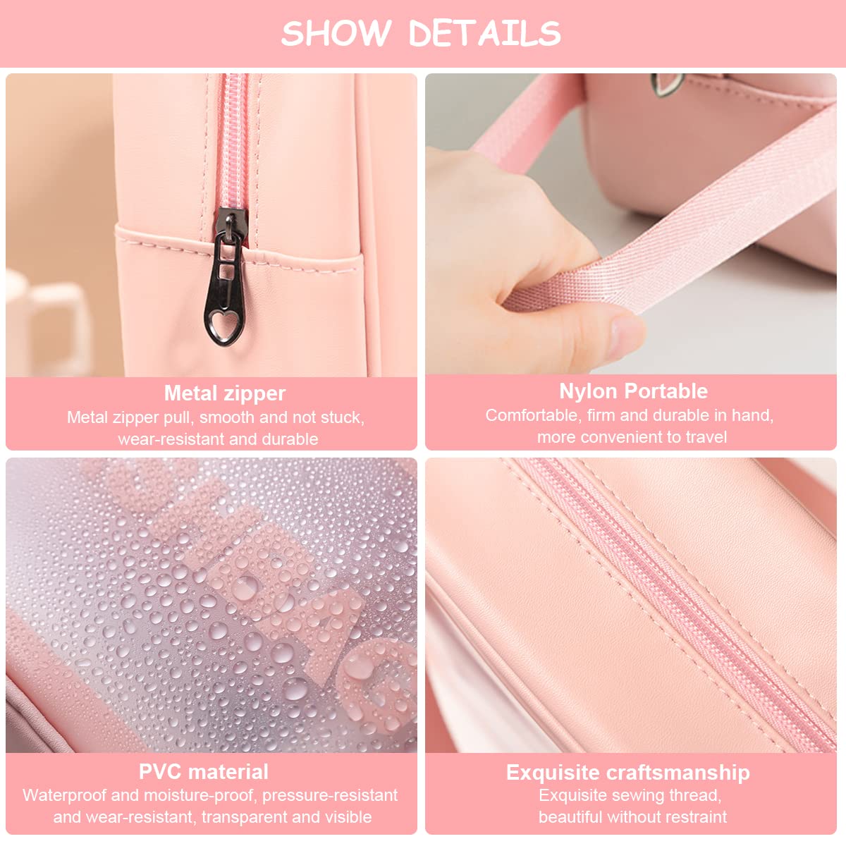 HASTHIP Pink 3 Pcs Waterproof Cosmetic Organizer Pouch Bag for Women & Girls Makeup, Toiletry, Home, Travel Use Storage Kit