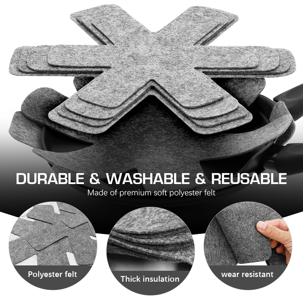 HASTHIP 12Pcs Pot Protectors 3 Sizes Universal Pots Pans Felt Lining Protectors 2mm Thickness Non-Woven Fabric Cookware Pads Multi Purpose Reuseable Stacking Anti-Scratch Pads Table Protectors