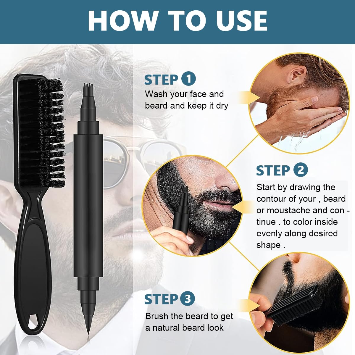 MAYCREATE Barber Beard Pencil Filler for Men Dual Tip 2 in 1 Beard Pencil with Comb & Brush for Beard Styling, Sweat Proof Beard Pencil Filler Mustache Kit for Men Beard, Mustache, Eyebrows (dark)
