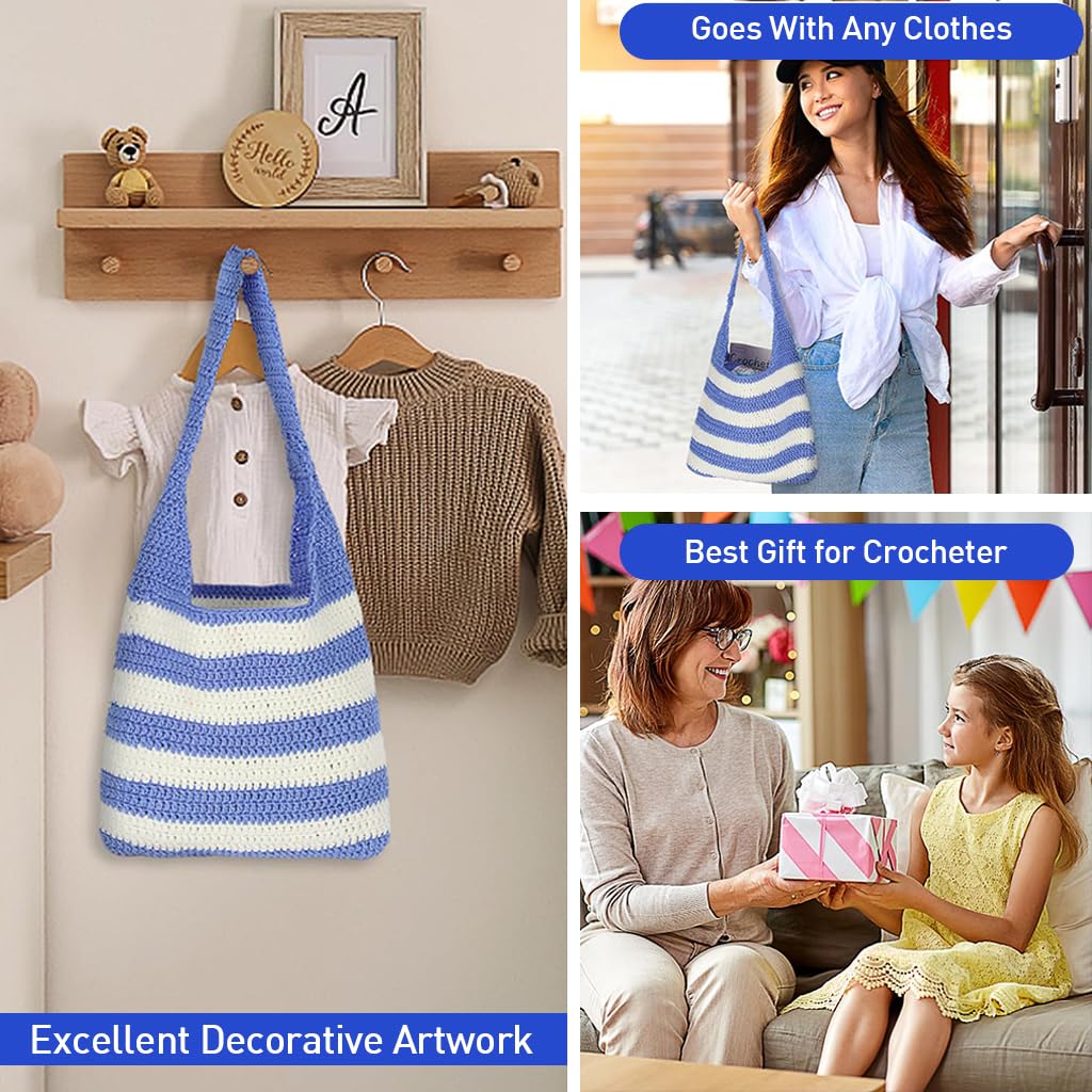 HASTHIP DIY Crochet Bag Material Kit Beginners Blue White Stripy Fashion Crochet Tote Bag Material Kit with Yarn, Crochet Hook, Tools & Accessories, Tutorial Video, DIY Crochet Kit for Adult