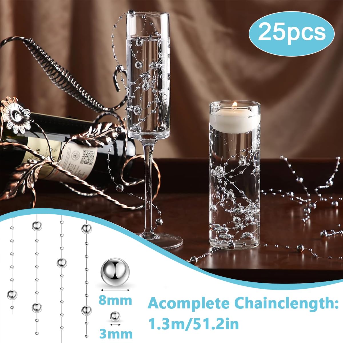 HASTHIP 25Pcs Pearl String for Floating Candles Centerpiece, Faux Pearl Beads Vase Filler for Wedding Table Décor, White