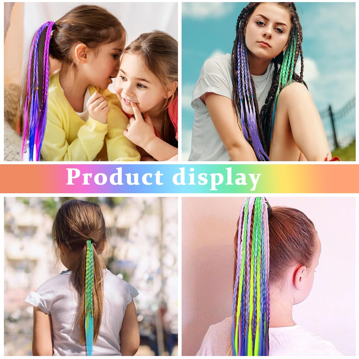 SANNIDHI 12pcs Rubber Bands Hair Extensions for Girls Women, 17 Inch Colorful Braided Synthetic Hairpieces, Kids Ponytail Wigs Twist Braid Rope Hair Accessories