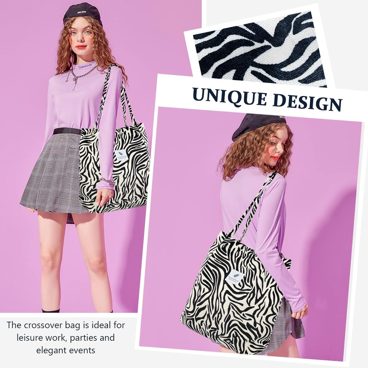 PALAY Tote Bag Corduroy Fashion Zebra-stripe Print Color Hand Bag for Women Shoulder Bag for Shopping, Commuting, Shopping Bag, Large Grocery Bag