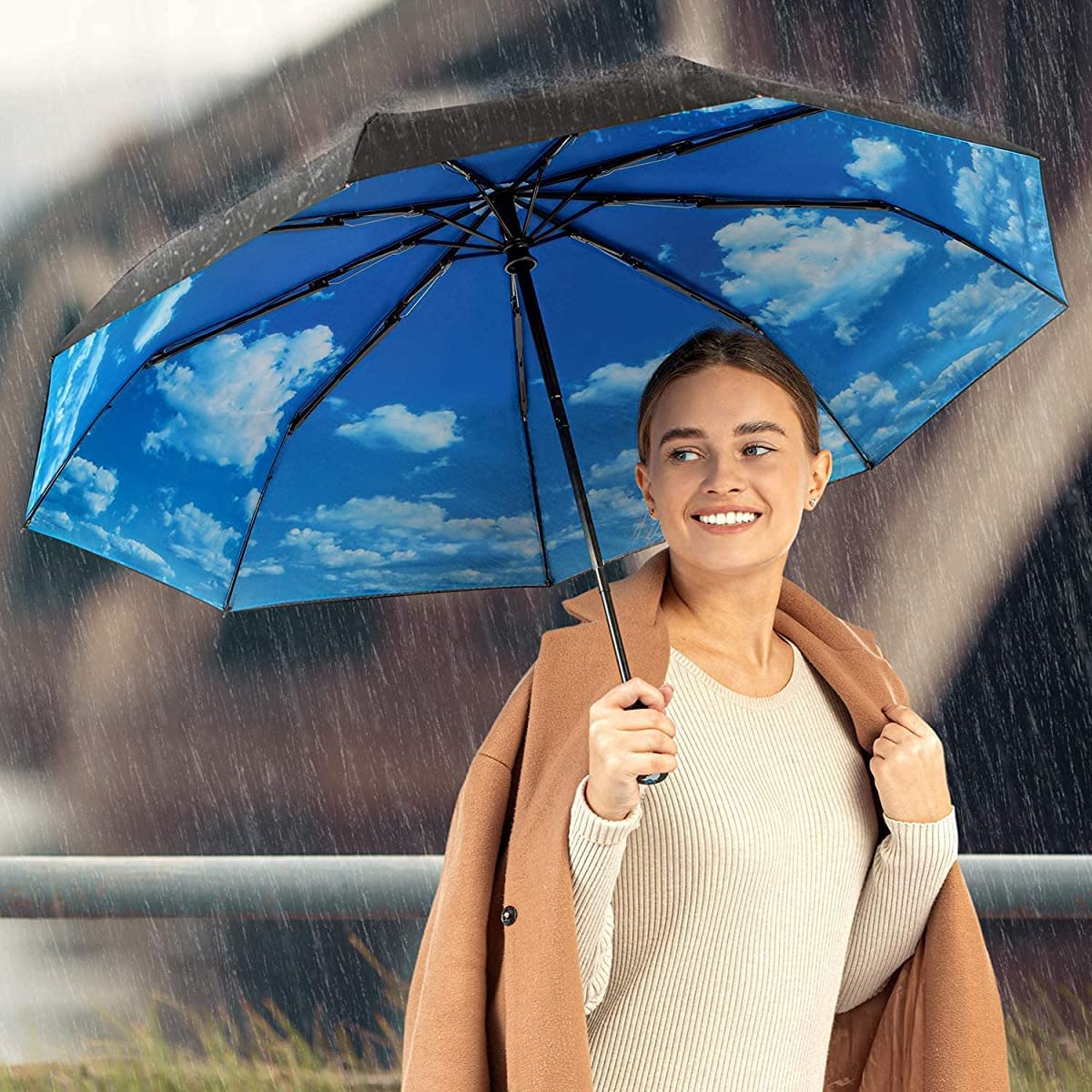 PALAY Automatic Folding Travel Umbrella Windproof Strong 8 Ribs UV Protection Black Compact Umbrella for Women, Lightweight 3-fold Umbrella with Polyester Coating for Travel (Sky)