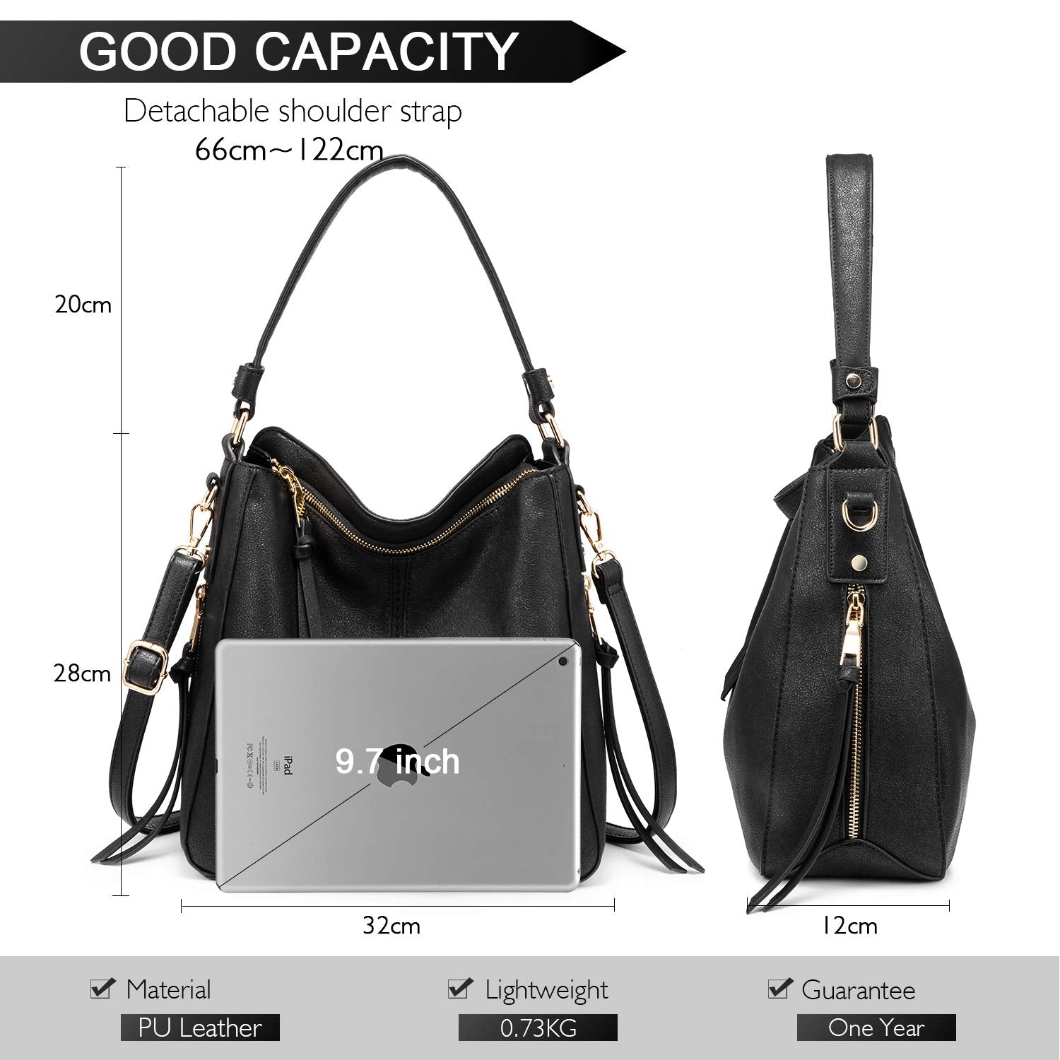 PALAY Solid Color Handbag for Lady Girl with Fashion Faux Leather Classic Shoulder Crossbody Bags- Black