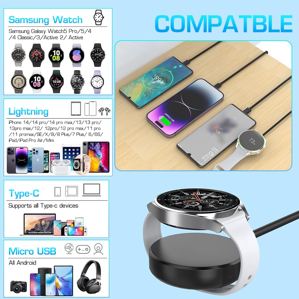 ZORBES Multi USB Charging Cable 4 in 1 Charging Cable for Phone, Tablet, Samsung Galaxy Watch Universal Travel Charging Cable for iPhone, iPad, Samsung Galaxy Watch 5/4/3