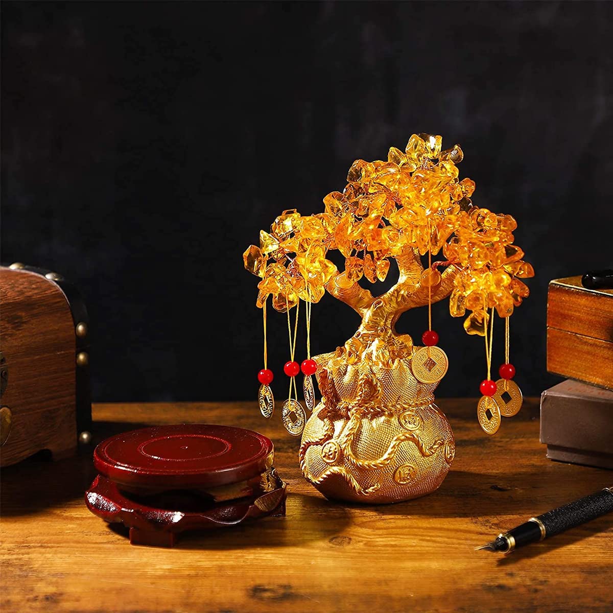 HASTHIP Feng Shui Tree Crystal Tree of Life, Good Luck Items for Home Decor, Golden Money Tree with 6 Hanging Coin Charms, Crystals Decoration Ornament Sculpture (19X18X8cm)