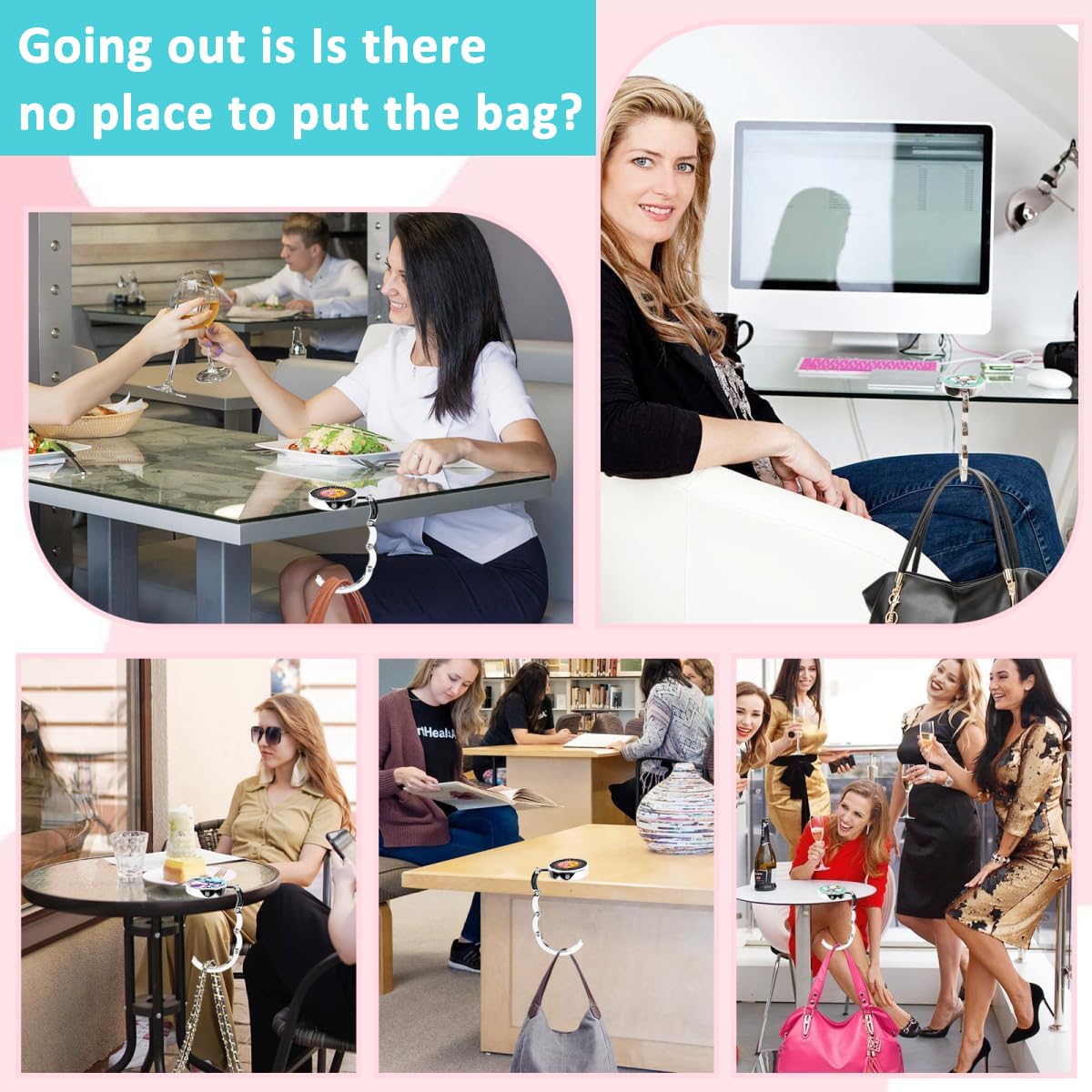HASTHIP 3Pcs Desk Bag Hanger Aesthetic Design Metal Bag Hanger Portable Folding Bag Ring Hanger for Table, Office Desk Aluminum Alloy Removable Hooks for Bags, Handbag, Backpack