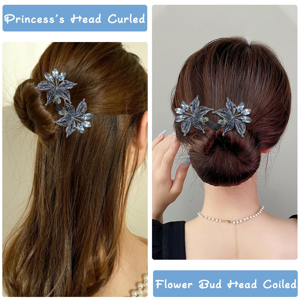 PALAY Hair Bun Accessories for Women Floral Easy Hair Bun Maker for Hair Metal Rhinestone Bun Clips for Hair Elegant Hairstyle Twist Bun Shaper for Women Ladies Daily, Party, Wedding