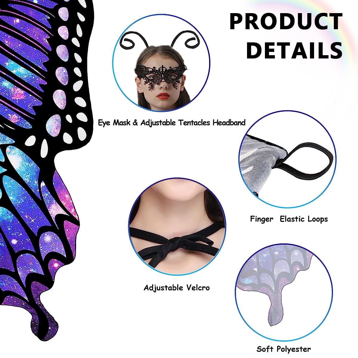 PATPAT Colorful Butterfly Wings Adult Butterfly Wings Cape for Girls Butterfly Costume with Butterfly Antenna Headband & Lace Mask Butterfly Wings Costume for Party, Halloween, Party Dress Up