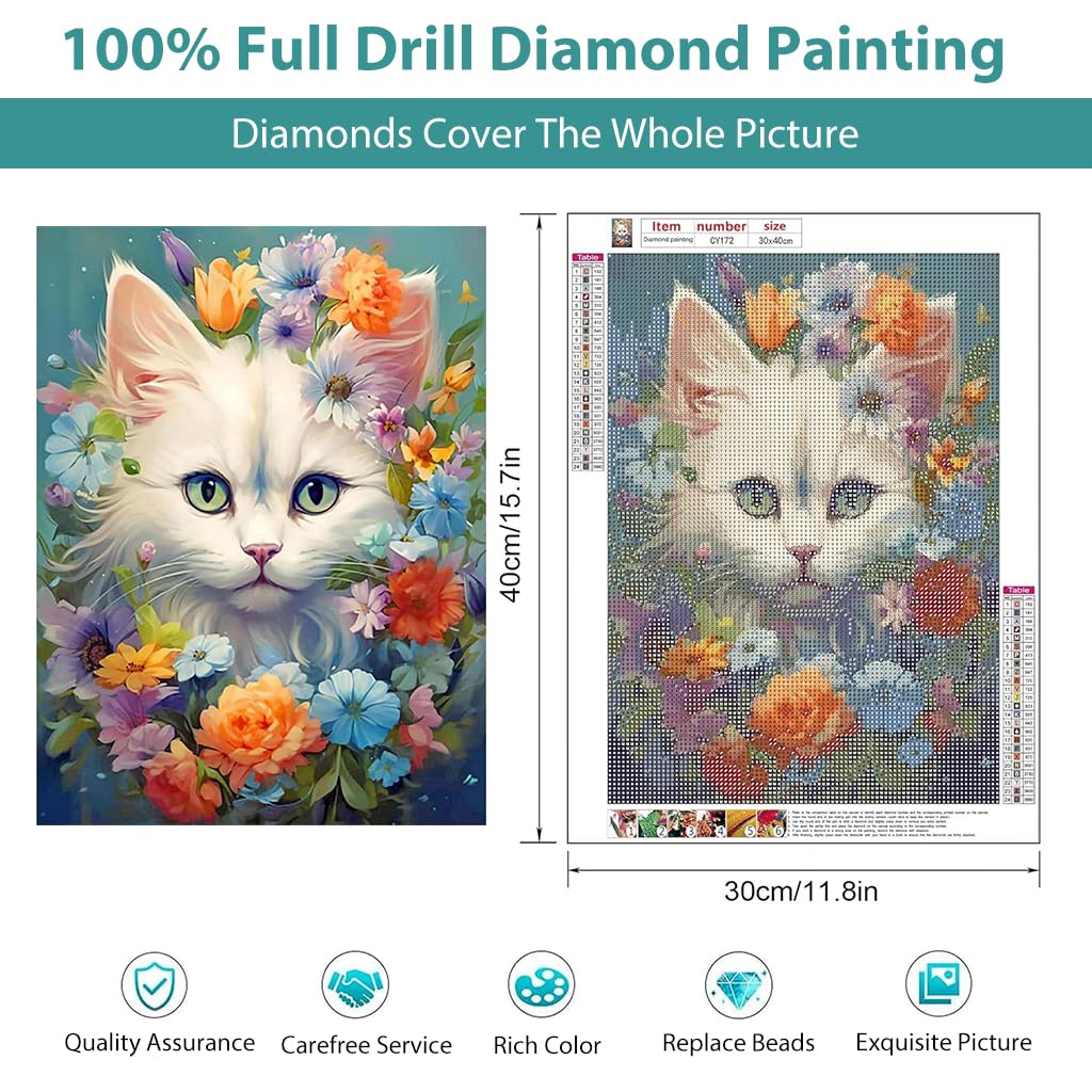 HASTHIP Diamond Painting Kit - 12x16inch White Cat Diamond Painting Kits, 5D Diamond Painting Kit for Adults & Kids, Very Suitable for Home Leisure and Wall Decoration, Gift for Kids and Adults