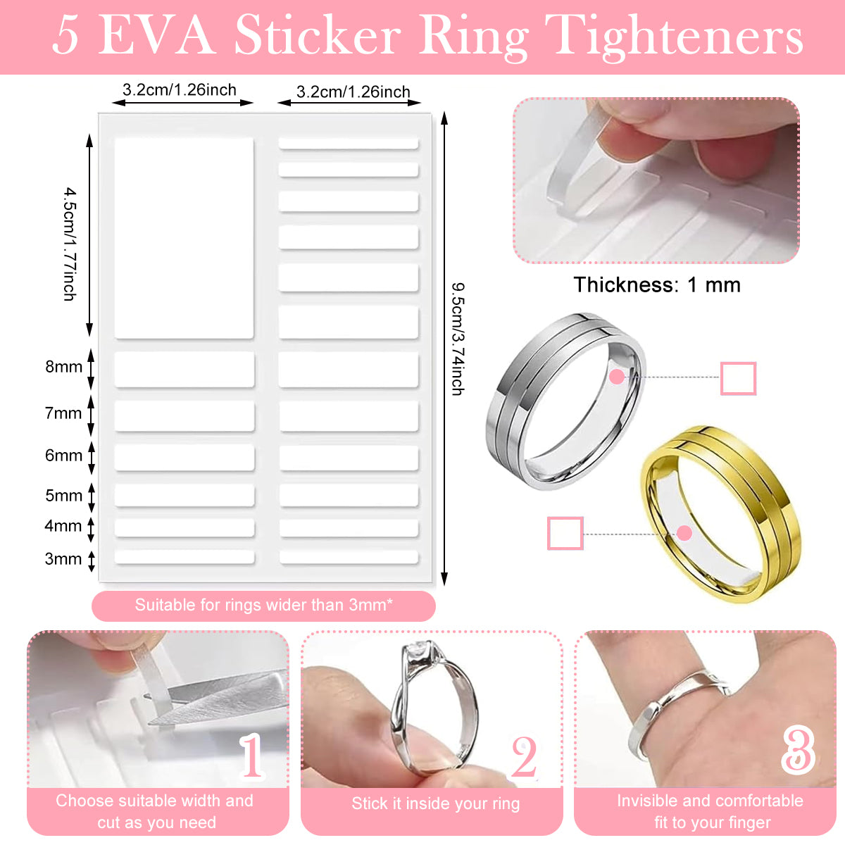 SANNIDHI 20Pcs Ring Adjuster for Loose Rings Invisible Ring Size Measuring Tool, Plug-In Invisible Ring Guards Silicone Tightener Eva Foam Patches Ring Adjusters Set with Polishing Cloth, Scissors