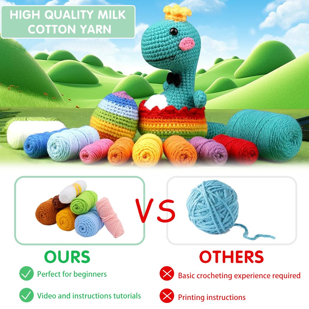 HASTHIP Crochet Stuffed Animal Kit Crochet Kit for Beginners Knitting Kit Full Set Crochet Starter Kit with Yarn, Polyester Fiber, Crochet Hooks, Tutorial Video, DIY Gift Friends (Rainbow Dinosaur)