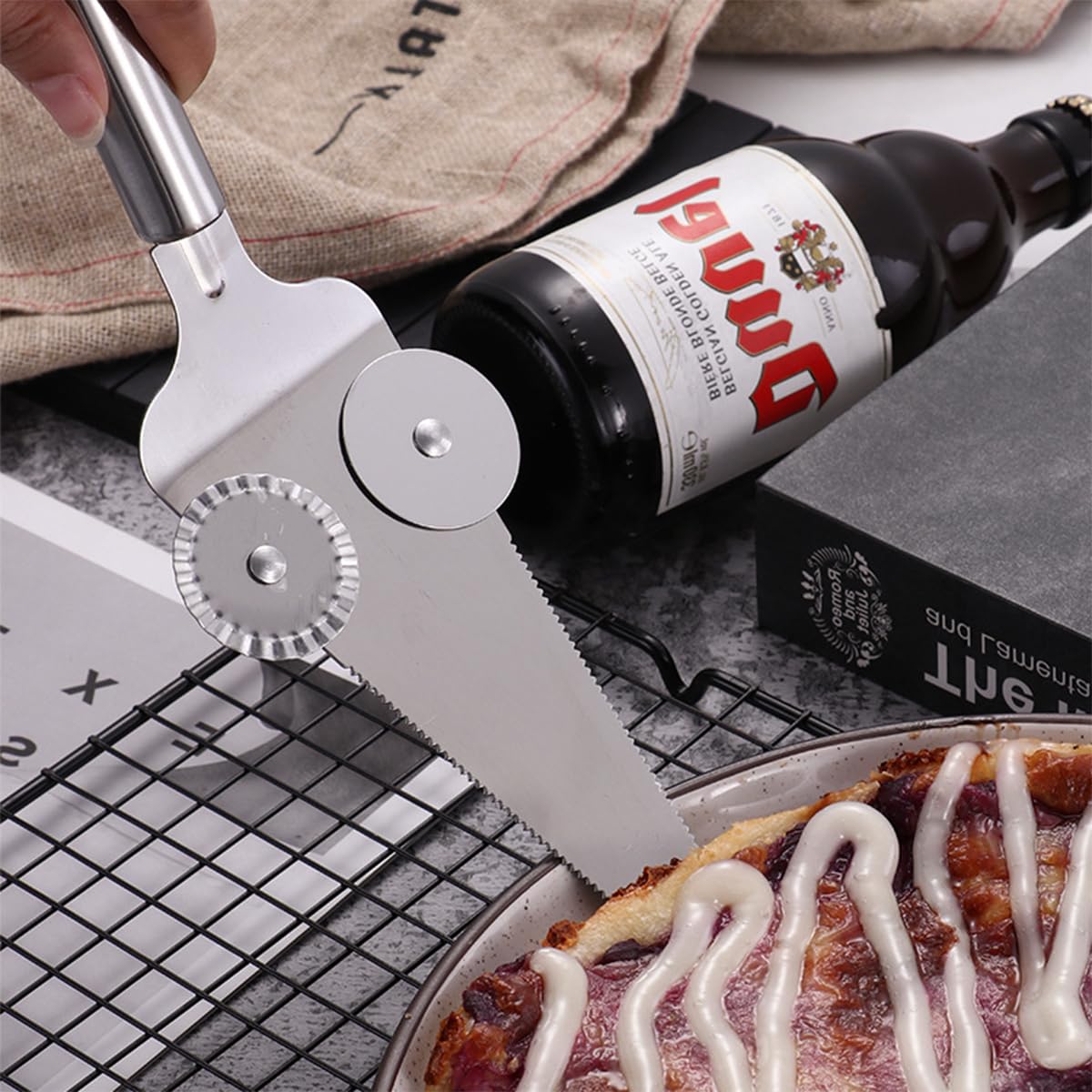 HASTHIP Pizza Cutter Wheel 2 in 1 Stainless Steel Pizza Shovel, Dual Wheel Design Pizza Cutter Cake Shove, Dishwasher Safe, Perfect for Cakes & Desserts, Dishwasher Safe