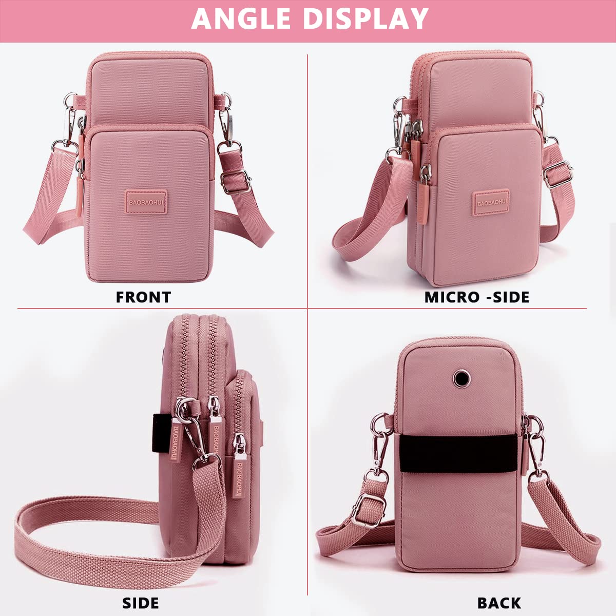 GUSTAVE Pink Mini Wallet Shoulder Small Crossbody Phone Bag for Women with Earphone Cable Hole Wallet Clutch Bag for Women