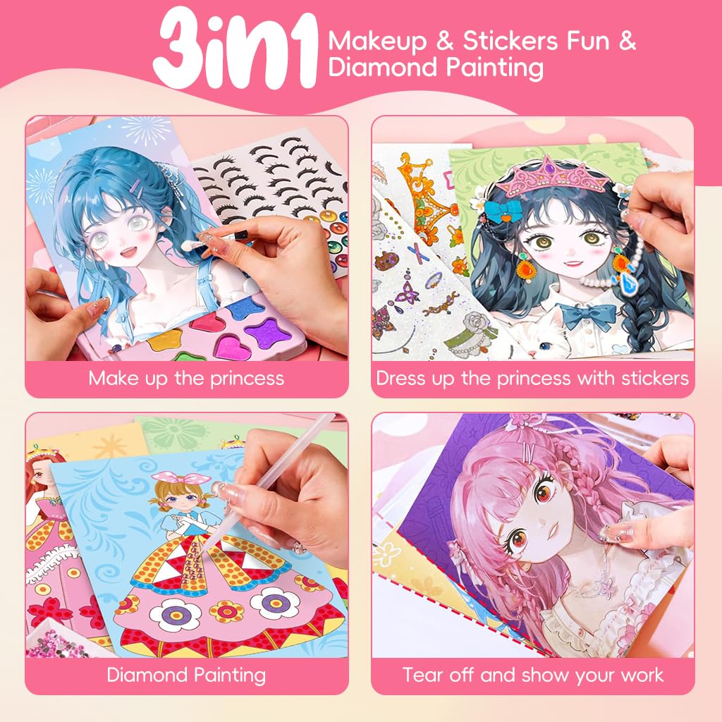 PATPAT DIY Diamond Painting Art Kit for Girls Makeup Game Book Kit with Tools Cute Manga Girls Princess Diamond Painting Art Book Birthday Gift for Girls Art Craft Activity for Kids