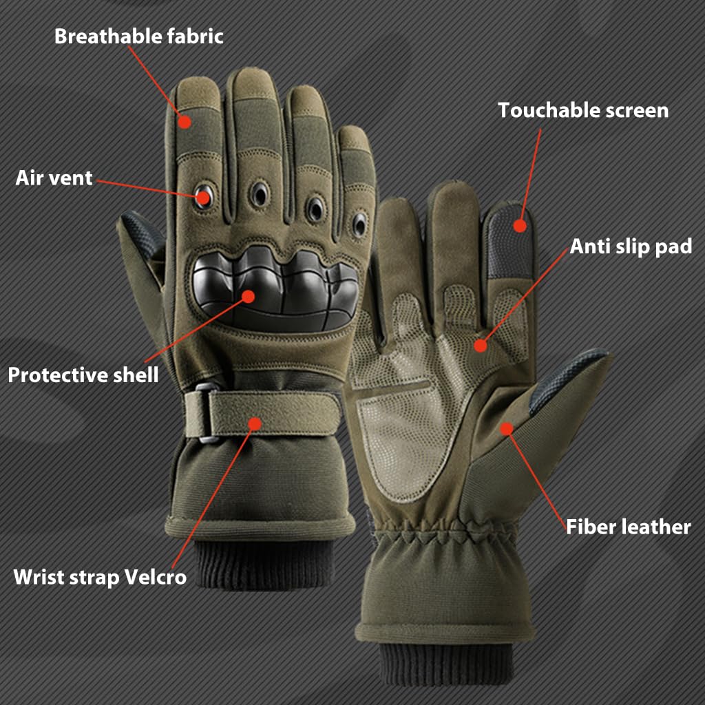 Proberos Tactical Gloves Men Women Winter Warm Outdoor Gloves Touchscreen Motorcycle Gloves with Hard Knuckle & Plush Lining Tactical Gloves for Cycling Motorcycle Hiking Climbing (L, Green)