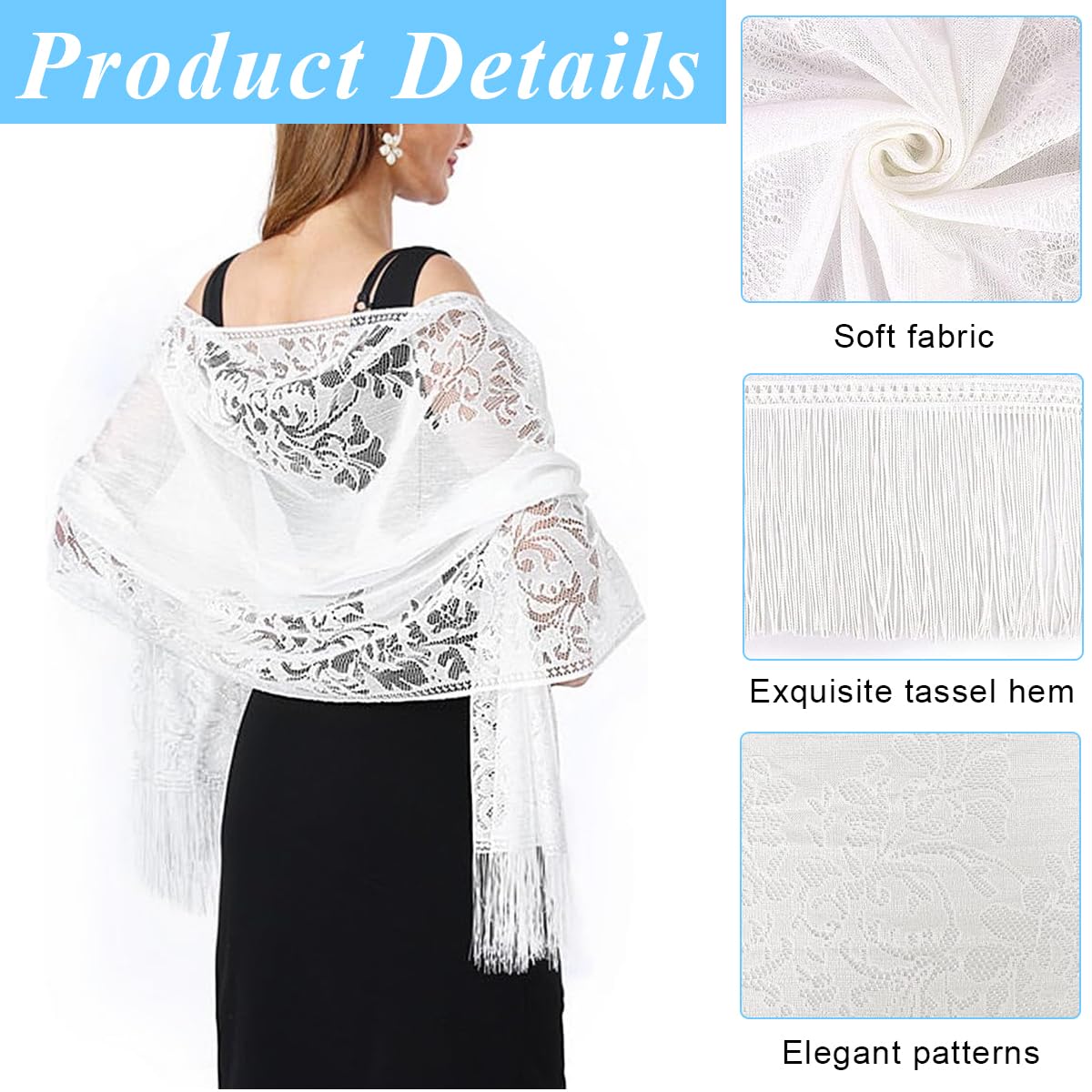 PALAY Floral Lace Scarf Shawl with Tassel, Sheer Soft Mesh Fringe Wraps Hijab Long Shawl for Women Wedding Evening Party Dresses (White, 180x65cm)