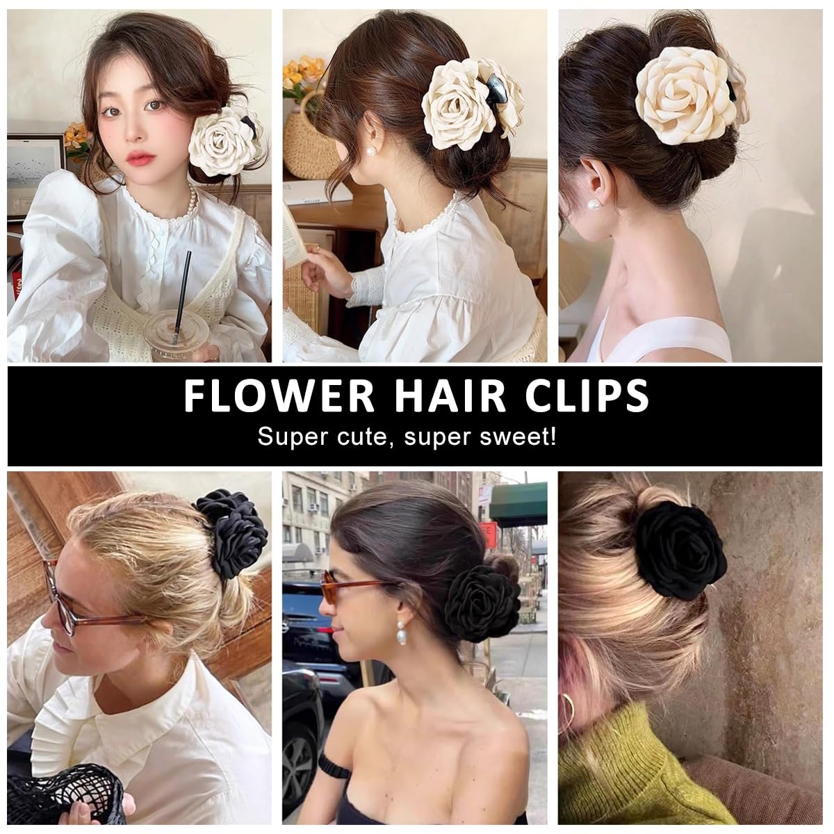 PALAY 2Pcs Rose Hair Claw Clips for Women Large 3.5 In Flower Claw Clip Hawaiian Fashion Blooming Rose Claw Clips Aesthetic Hair Clip - Black & White