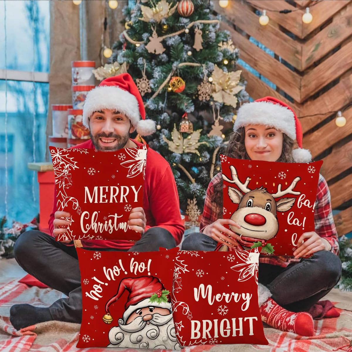 HASTHIP® 4Pcs Christmas Square Pillow Covers 15.7 inches Red Square Linen Printed Pillow Cover Classic Christmas Sofa Pillow Covers Square Pillow Covers for Christmas