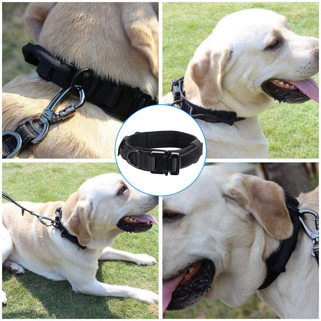Qpets Dogs Collar for Large Dogs Adjustable Nylon Tactical Dog Collar with Strap Handle Dog Training Collar Quick Release Metal Buckle for Medium Adult Dogs(Black, L, 17''-20.5''/43-52cm)