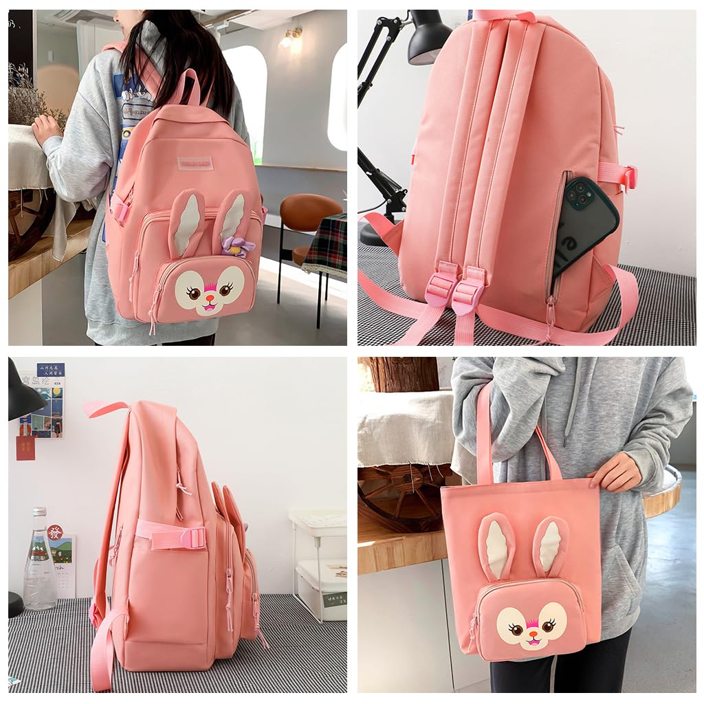 PALAY 5Pcs Set Cute Backpack for Girls Canvas Backpacks Set with Canvas Tote Bag Waterproof Multi-Pocket Kawaii School Backpack for Kids Laptop School Bag