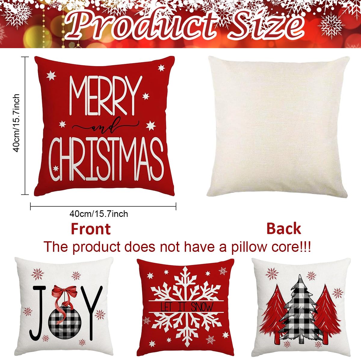 HASTHIP 4Pcs Christmas Square Pillow Covers 15.7 inches Square Linen Printed Pillow Cover Classic Christmas Sofa Pillow Covers Square Pillow Covers for Christmas