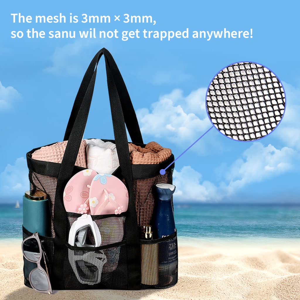 PALAY Large Capacity Beach Bag Multi Pocket Polyester Mesh Bag Tote for Travel, Fitness Bag, Swimming Storage Bag for Clothes Fashion Transparent Mesh Bag for Women, Black