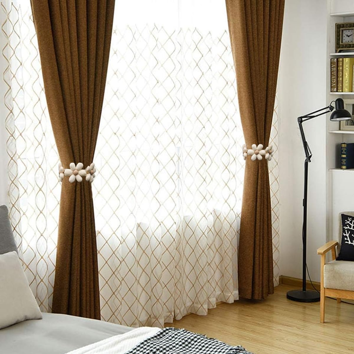 HASTHIP Curtain TieBacks, 2 Pack Pearl Curtain Tie Backs, Modern Decorative Curtain Holdbacks Holder with Elastic Cord Drapes Clips Buckle for Thin or Thick