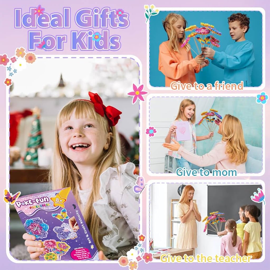 PATPAT® Poke in Art Kits for Girls, Creating Flower Bouquet Making Kit Art Kit for Kids 6-12, 800-PCS Multicolor Fabric Craft Set with Stems & Butterflies, Birthday Gift for Girl