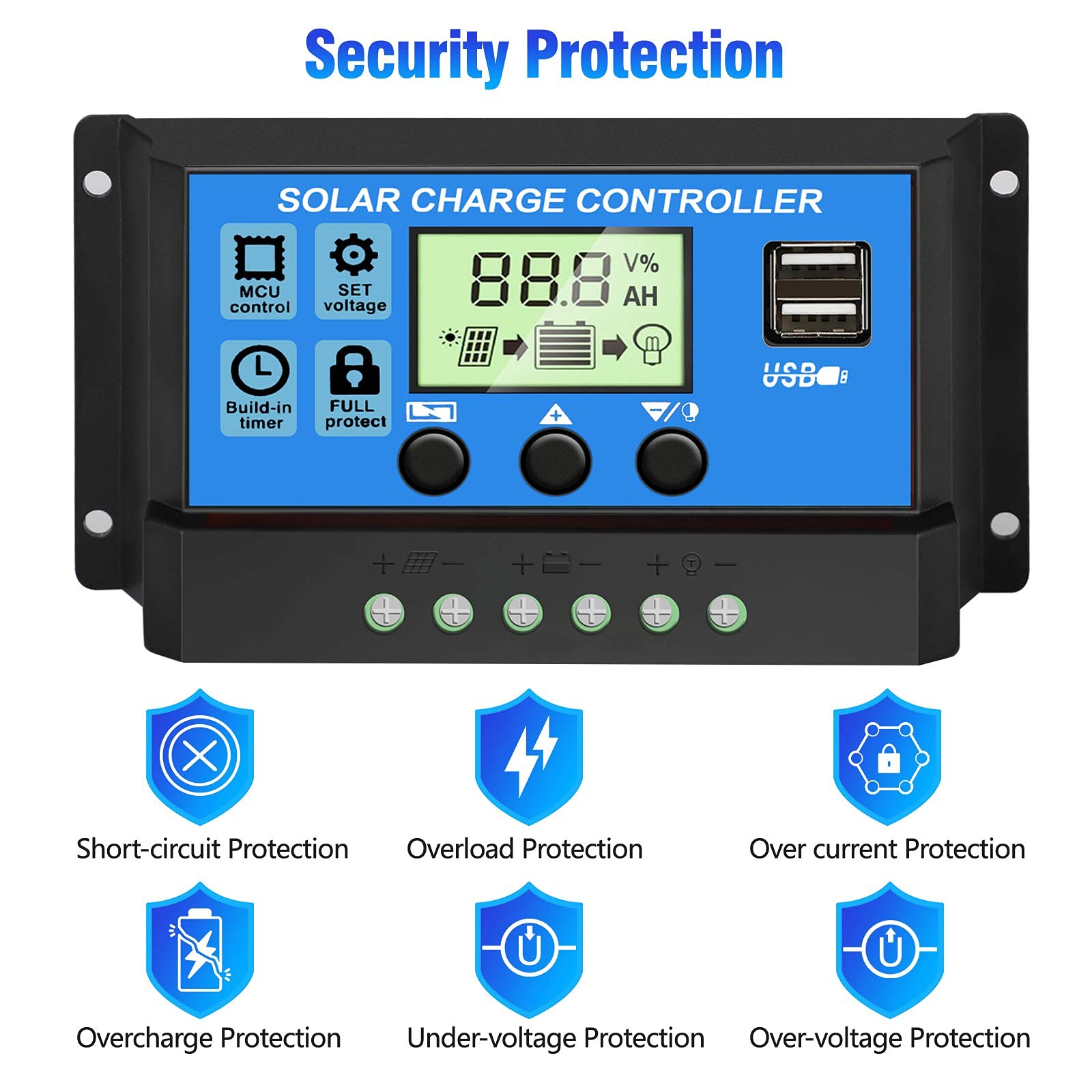 ZORBES Eachbid 10A 12V 24V ABS Solar Panel Charger Controller Battery Regulator Dual USB LCD Display (Blue)