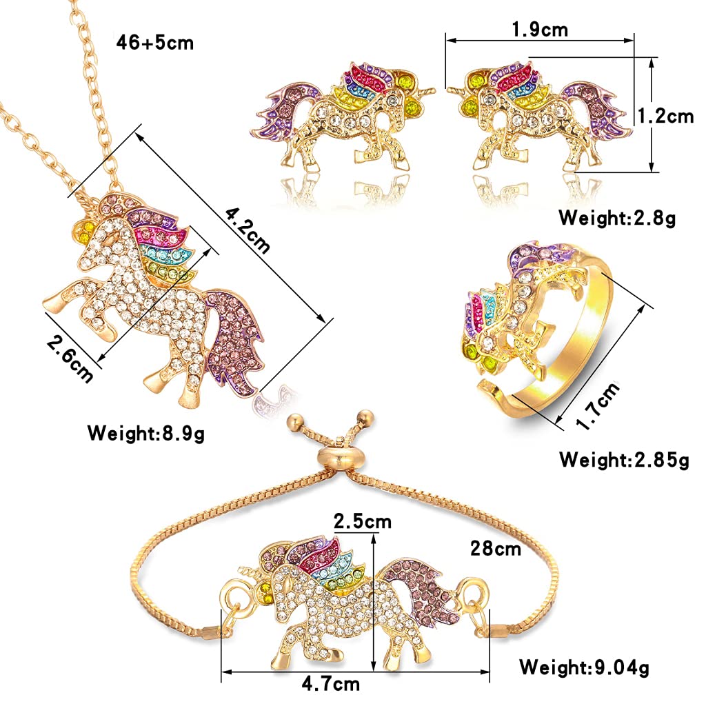 PALAY Unicorn Necklace Jewelry Set Rainbow Unicorn Bracelet for Girls Necklace Unicorn Earring, Ring, Unicorn Women Jewelry Set Gift for Girls Women, (Gold) - 4 Combo Pack