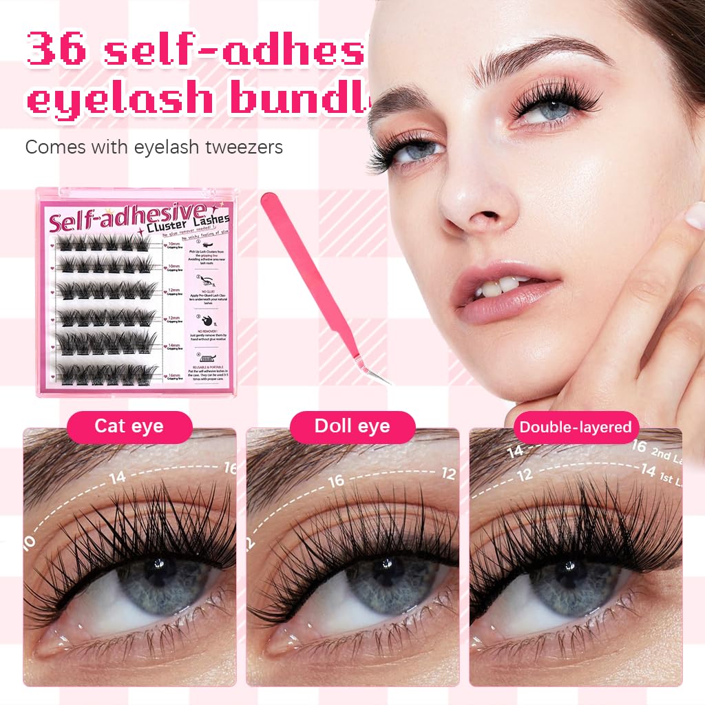MAYCREATE 36Pcs Eyelash Clusters with Tweezer Self Adhesive Fluffy Eye Lash Clusters Party Look Press & Go Cluster Lashes No Glue Needed DIY Lash Extensions Curl Natural Pre-glued Strip Lashes