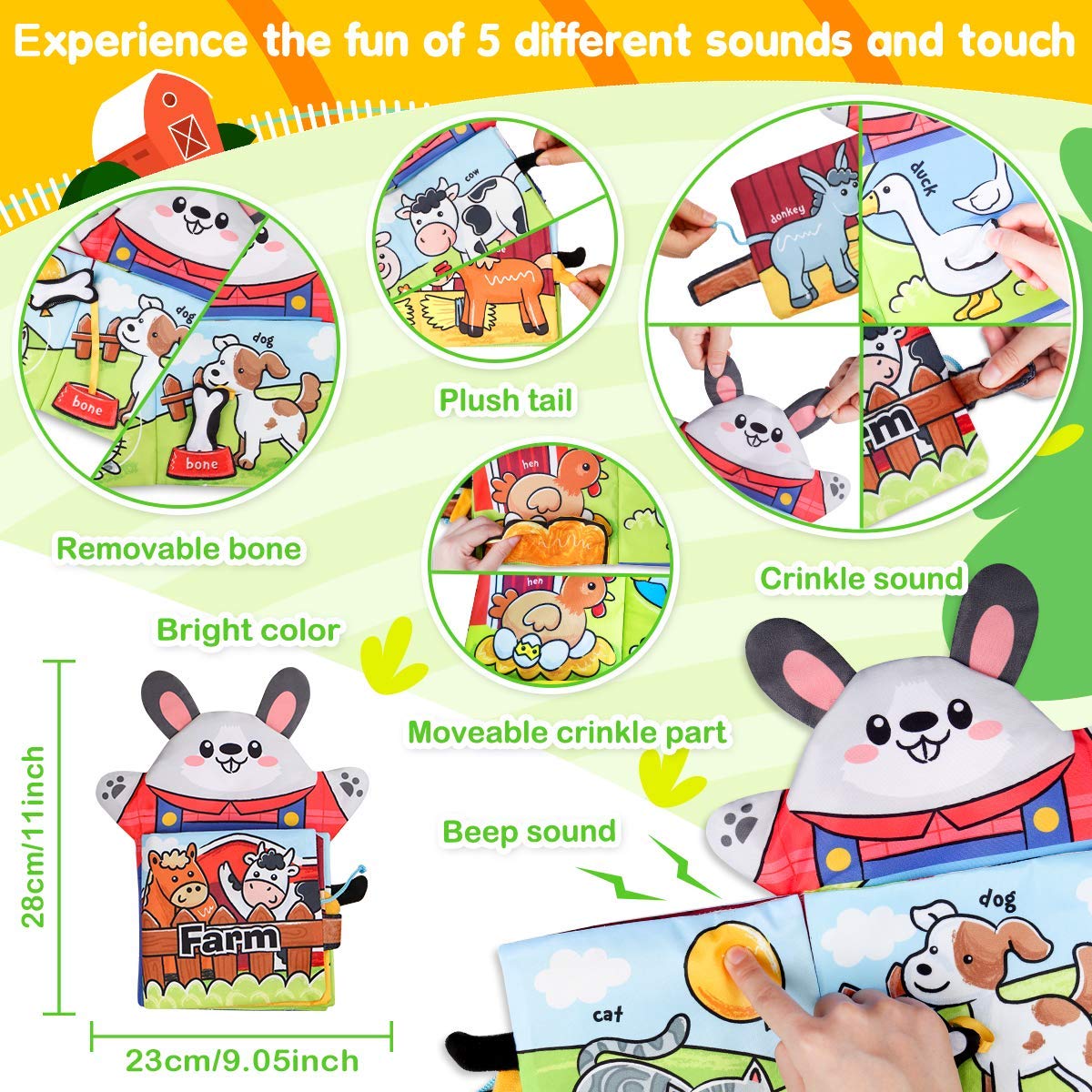 SNOWIE SOFT Baby Soft Cloth Book, with Hand Puppet, Farm Animal Touch and Feel, fold Book Tail Tactile Fabric Activity Book, Suitable for Babies, Toddlers -Farm
