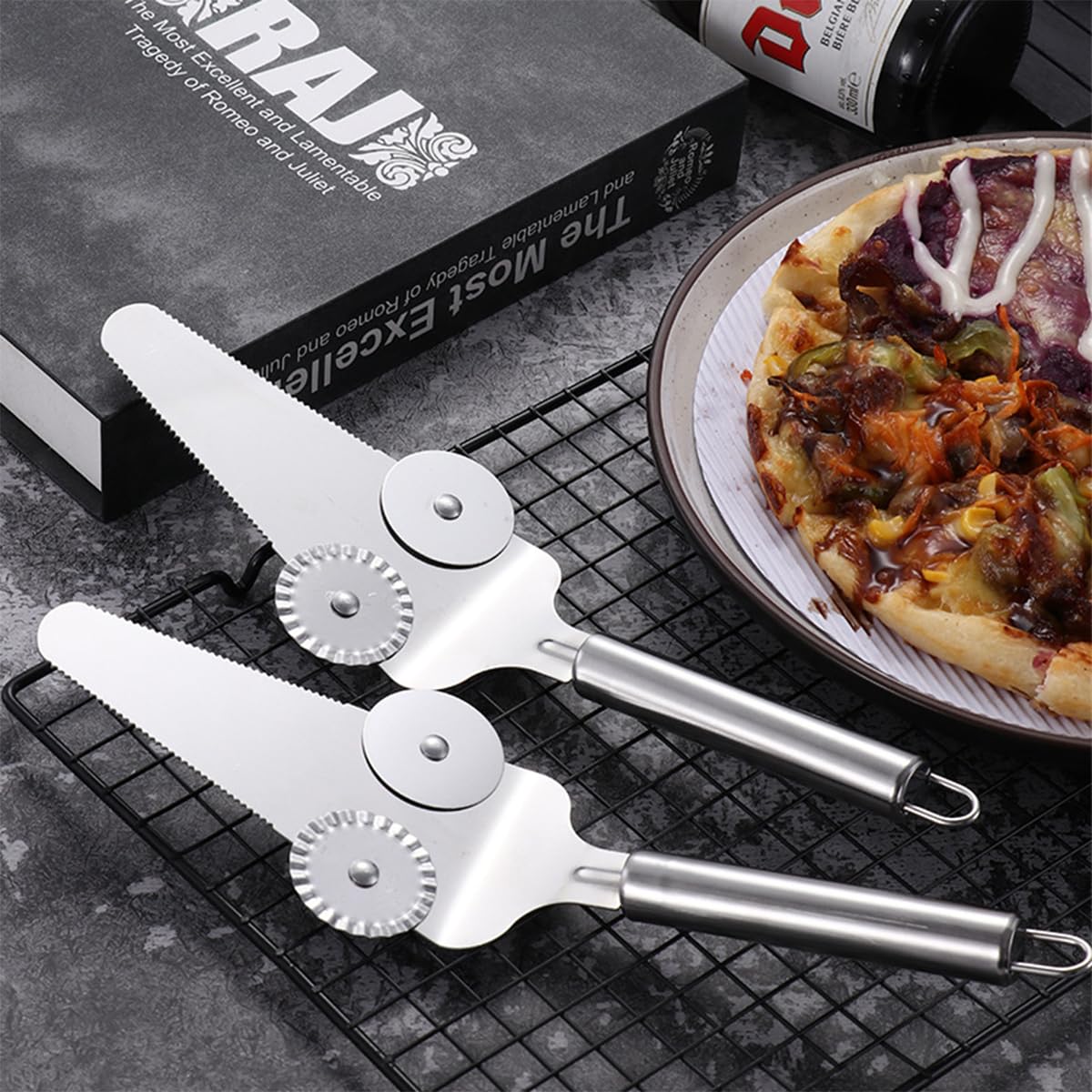 HASTHIP Pizza Cutter Wheel 2 in 1 Stainless Steel Pizza Shovel, Dual Wheel Design Pizza Cutter Cake Shove, Dishwasher Safe, Perfect for Cakes & Desserts, Dishwasher Safe