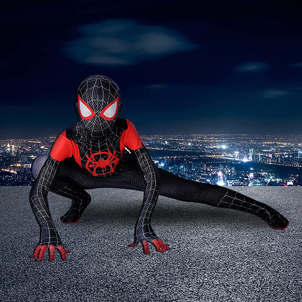 FANCYKU Spiderman Costume for Kids, Superhero 3D Lenses Spiderman Dress Black Spider Man Miles Morales Bodysuit, Silk-Feel Fabric Spider-Man Fancy Jumpsuit for Boys Gift Halloween Cosplay, Size XL