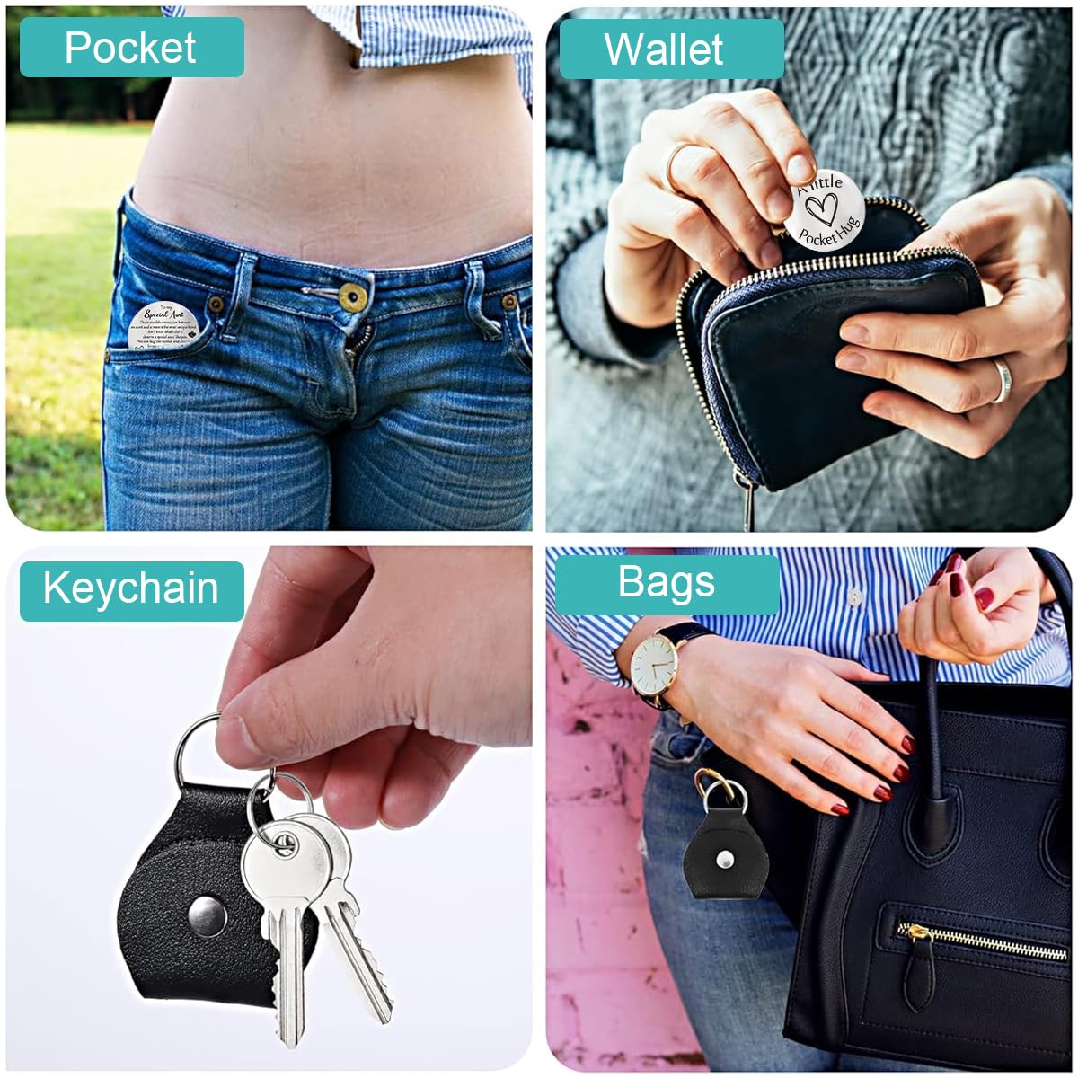 PATPAT Pocket Hug Token Keychains, Long Distance Relationship Gifts Stainless Steel Double Sided Inspirational Gift with PU Leather Keychain, Gift for Husband