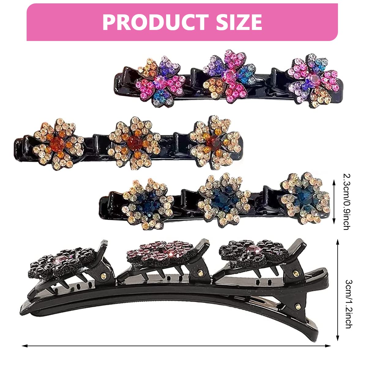 PALAY 4pcs Sparkling Braided Hair Clips for Women Girls Crystal Stone Hair Braid Accessories Fashion Hairpins Hair Styling Sectioning Clips for Thick Hair