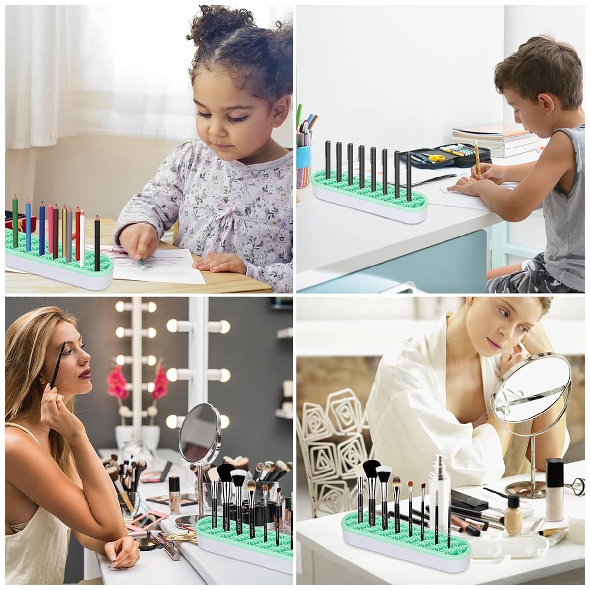 MAYCREATE Silicone Makeup Brush Holder Organizer Multi Slots Desktop Makeup Brushes Storage Stand Make Up Brush Drying Holder for Dressing Table - Green, Space Saving