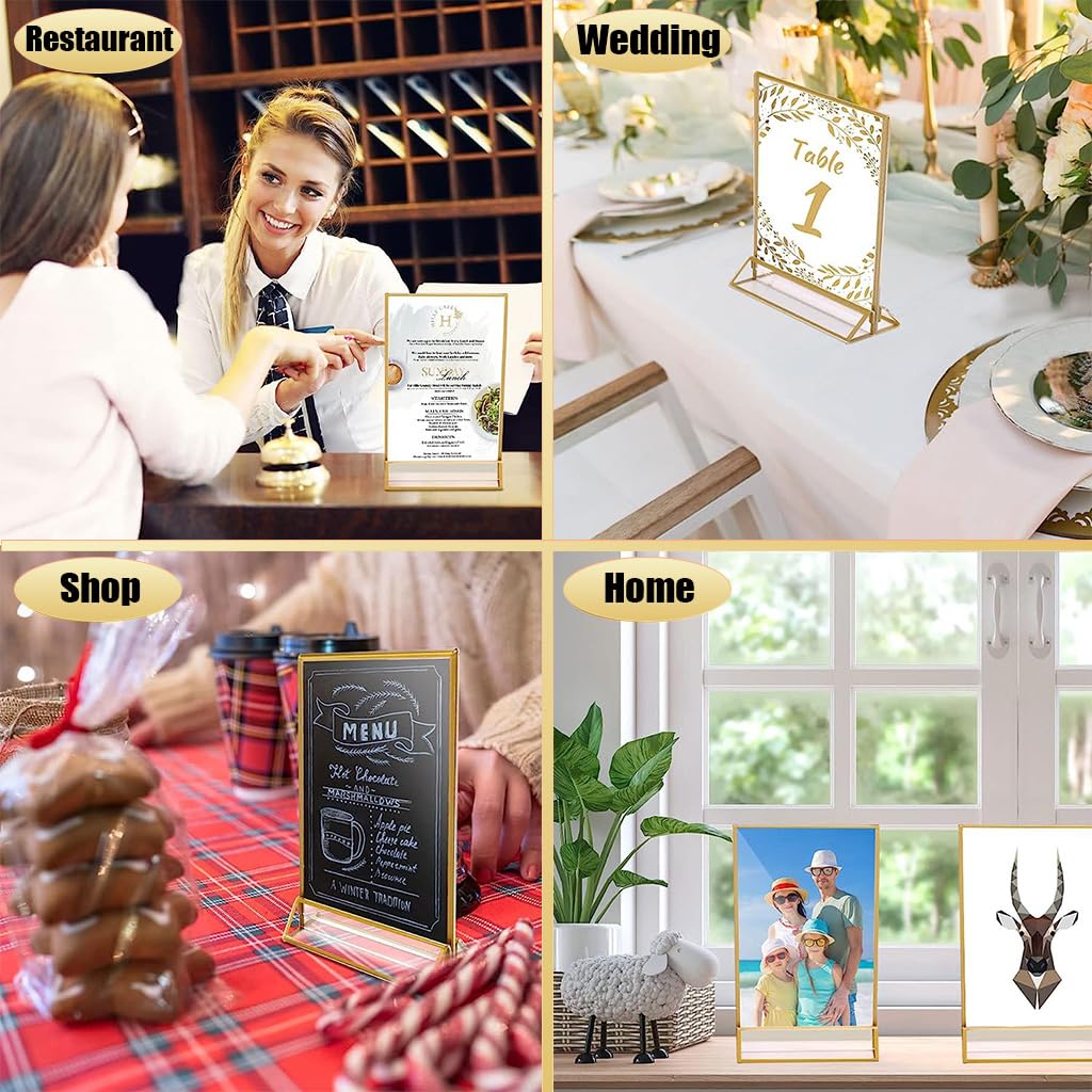 Climberty 6Pcs Acrylic Gold Sign Holders, 5.9x8.2 inch Clear Picture Frames with Gold Borders and Vertical Stand, Double Sided Table Menu Display Stand for Restaurant Signs, Wedding Table and Photos